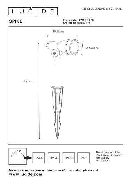 Lucide SPIKE - Garden spotlight - Ø 6,5 cm - LED Dim. - GU10 - 1x5W 3000K - IP54 - Black - technical